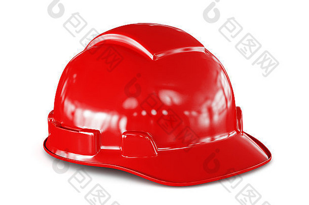 白色隔离带上的建筑工人的红色安全帽