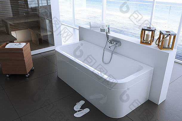 公寓内宽敞优雅的浴室景观。三维渲染