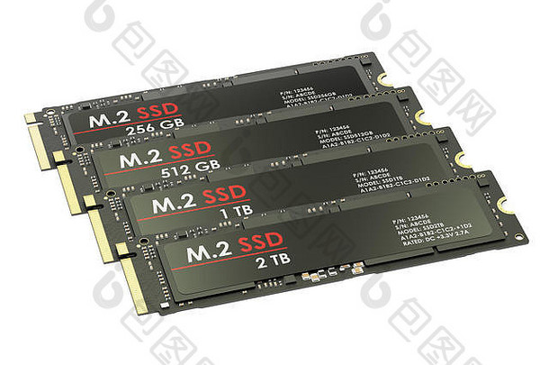 M2 SSD组，在白色背景上隔离3D渲染