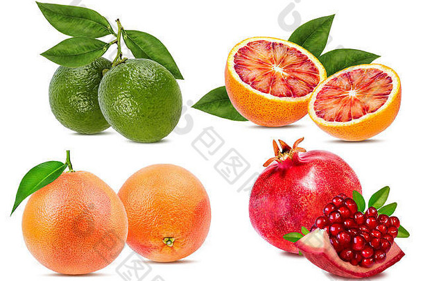柑橘类水果集橙色葡萄柚石灰石榴孤立的白色背景