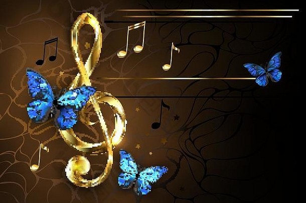 金色音乐钥匙，金色闪亮音符，棕色纹理背景上装饰有蓝。