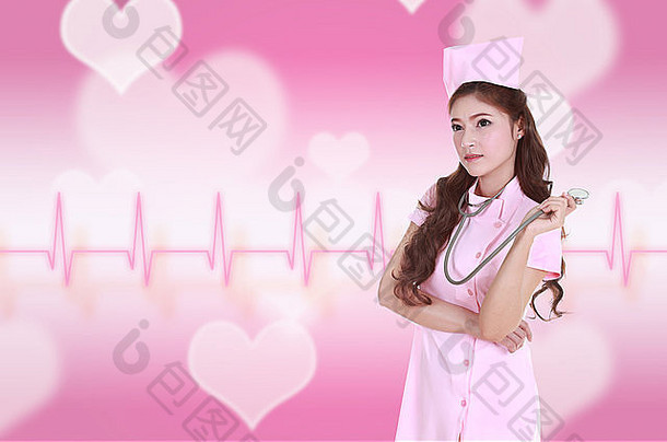 女护士，带抽象脉搏和心脏背景听诊器
