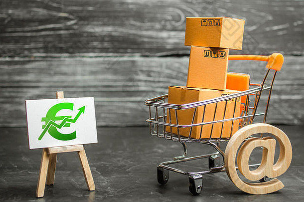 购物车盒子象征着互联网交易站绿色欧元箭头购物在线销售货物服务互联网