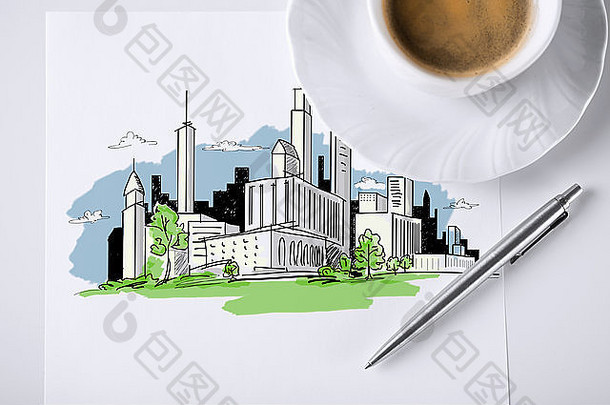 带城市素描和咖啡的便笺纸