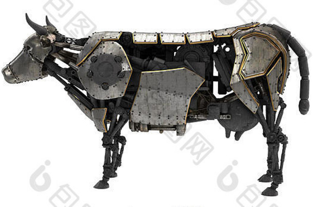 机械机器人牛狗鱼风格孤立的白色背景插图