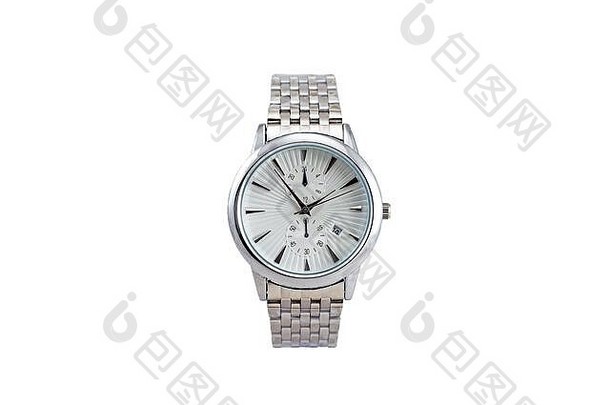 男士银色经典圆形手表，金属表带，白色钟面和计时功能。偏远的