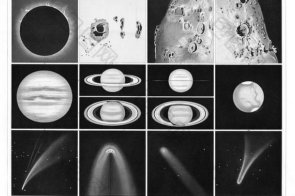 1874年古董德国百科全书地图集印刷：行星、土星、木星、火星、彗星、日食和月球表面的天文学视图。