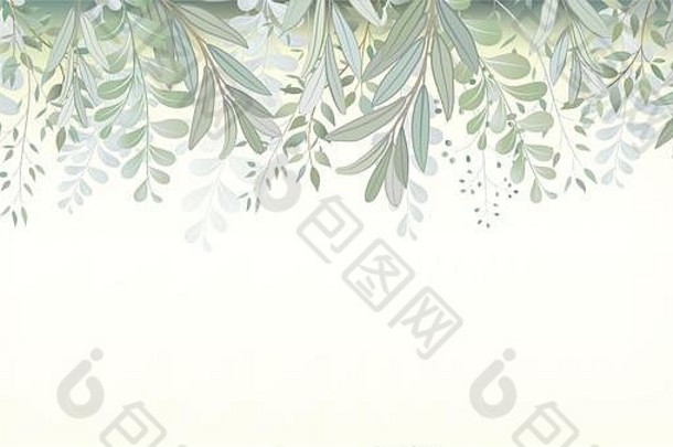 卡片上有美丽的小枝和叶子。婚礼装饰概念。模仿水彩画。素描花环、花卉和香草花环