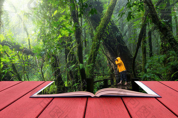 旅游者在美丽的雨林拍照的概念书图像