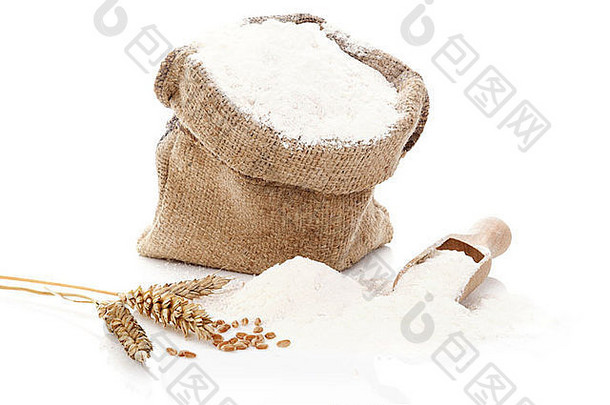 面粉粗麻布袋面粉黑麦作物孤立的白色背景烘焙概念
