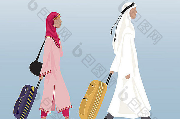 一对身着传统服装的阿拉伯夫妇在褪色的背景下提着手提箱行走的插图