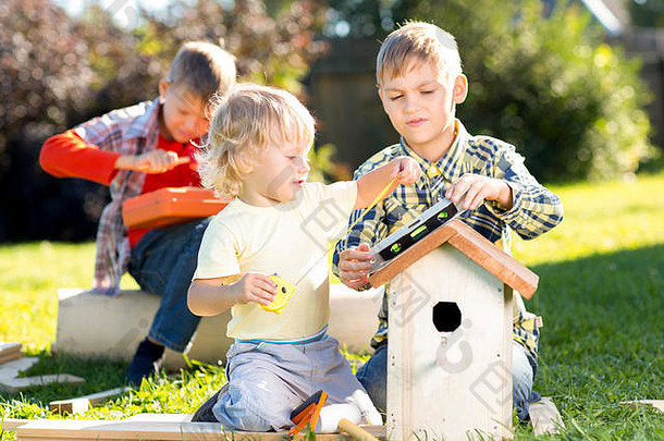 小男孩兄弟在户外建鸟舍