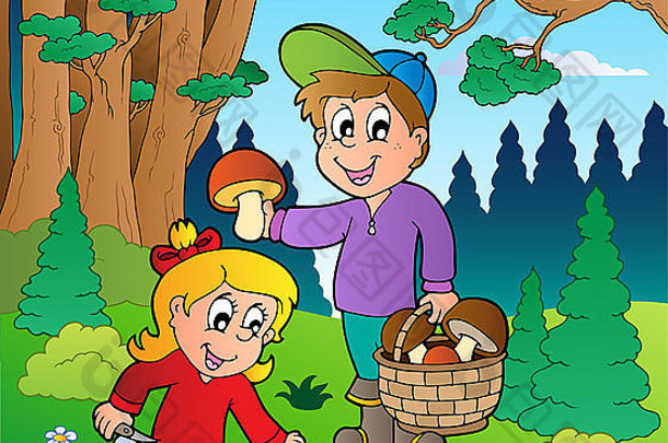 森林与孩子们如雨后春笋般生长-彩色插图。