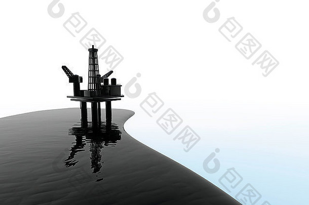石油泄漏/黑色石油和钻井平台的3D渲染