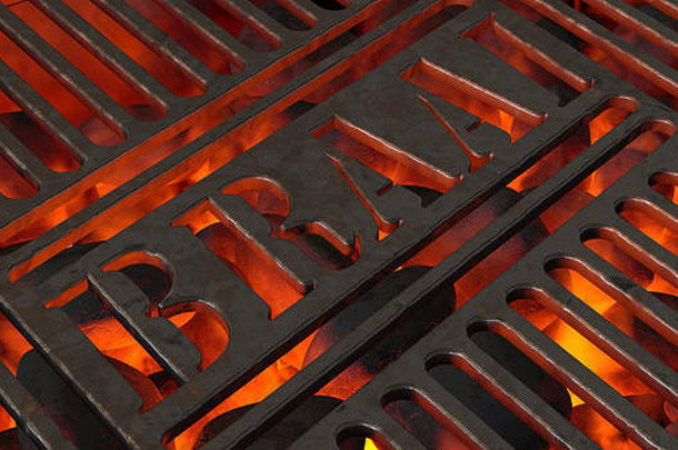 在烧烤架上燃烧热煤，烤架上覆盖着一个铁烤架，上面刻着braai字样-3D渲染