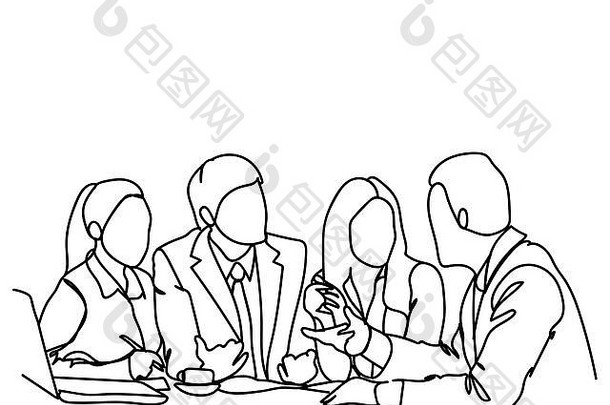 商务人员团队一起坐在办公桌旁交流讨论或头脑风暴会议涂鸦