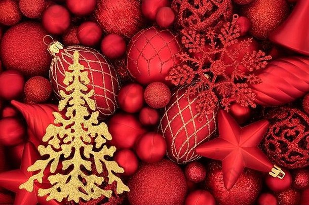 黄金闪闪发光的圣诞节树红色的小玩意背景摘要作文圣诞节节日季节平躺前视图