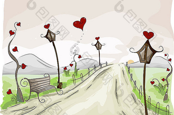 以情人节为主题的乡村场景插图