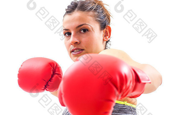 <strong>健身</strong>苗条的运动女人准备好了战斗拳击手套健康的生活方式