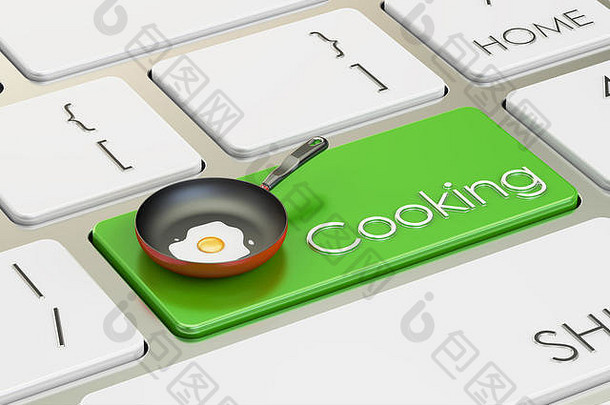 烹饪键盘上的绿色按钮，3D渲染