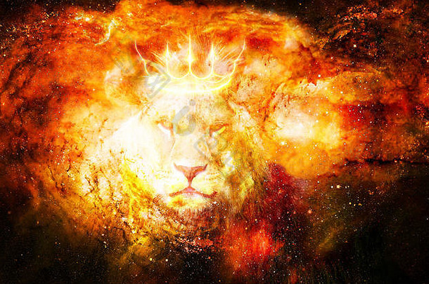 宇宙空间中的狮子王。宇宙背景上的狮子。