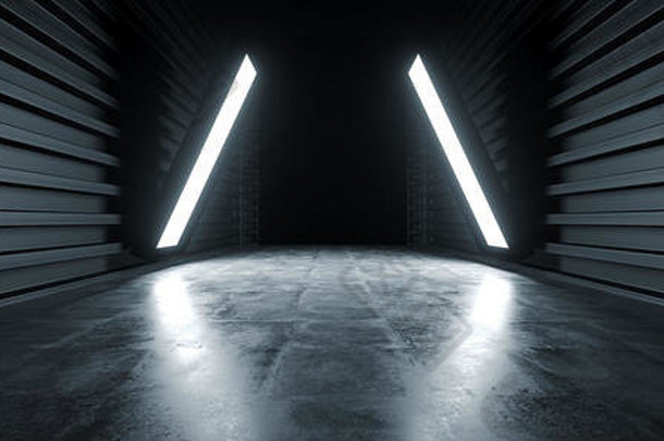 黑暗三角形灯未来主义的现代车库展厅<strong>隧道</strong>走廊混凝土金属难看的东西反光光滑的空空间白色发光展示阶段