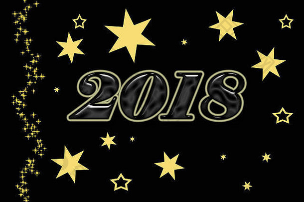 2018年新年插图，红色背景，金色星星