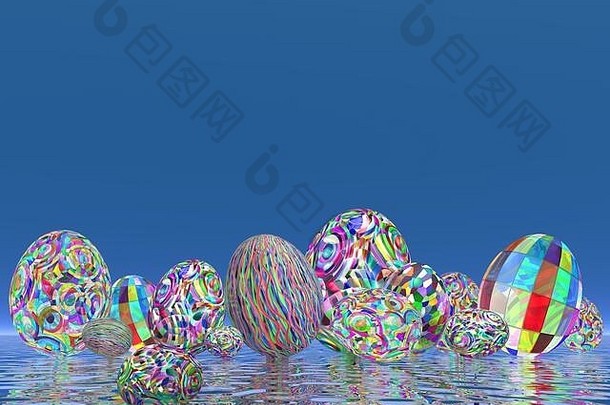 许多彩色复活节彩蛋概念-3D渲染