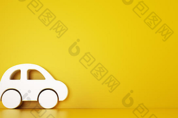 用白色3D玩具车渲染黄色背景，汽车服务概念