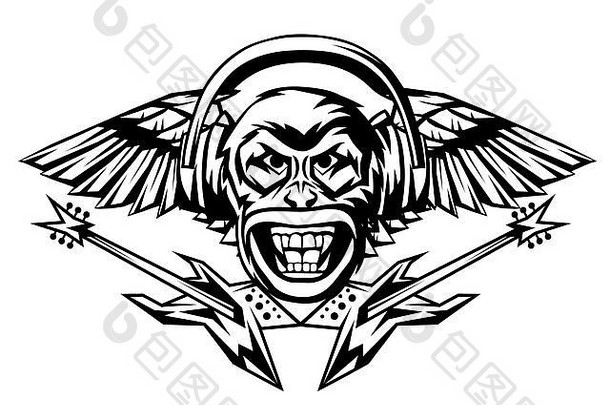 摇滚乐印刷品。愤怒的猴子头。