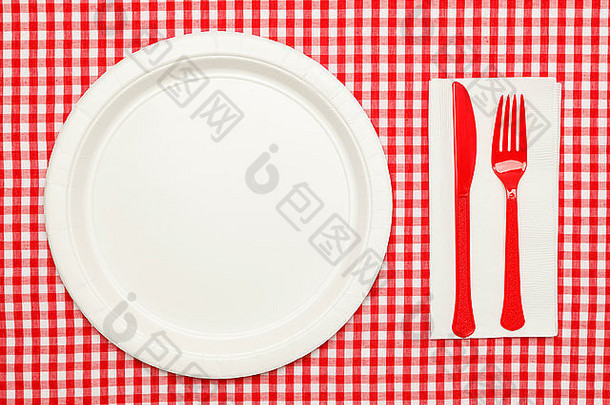 红色格子桌布上的纸盘，用塑料布和餐巾纸。