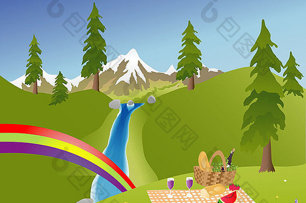 在瀑布边有彩虹的山上野餐