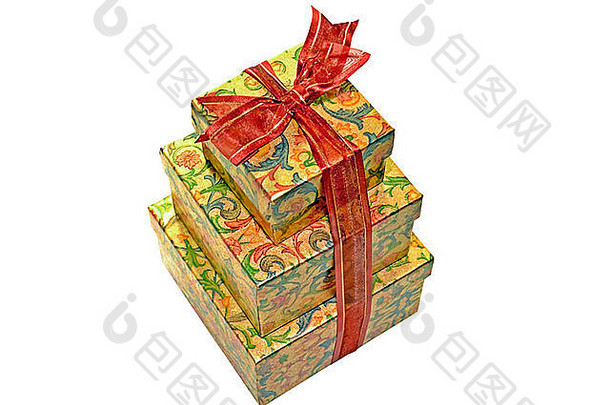 色彩斑斓的礼物盒装系弓白色背景