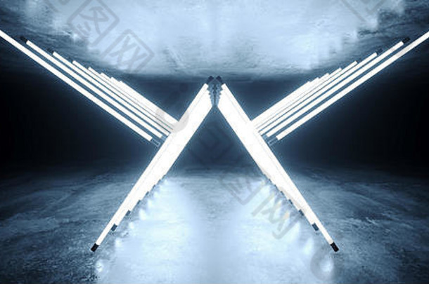霓虹灯发光的sci未来主义的翼形状的三角形霓虹灯发光的白色光管黑暗混凝土refelctive混凝土房间跳舞灯呈现