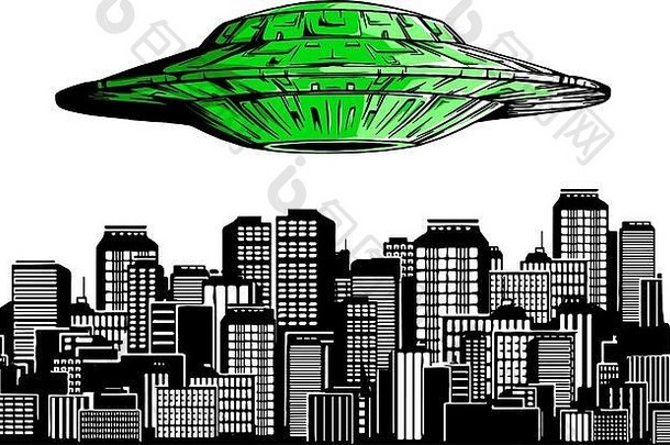 在夜市雇佣Ufo，搜索专业人员，外星飞船在摩天大楼上空飞行，在大都市空旷的道路上用明亮的光线照明，人类