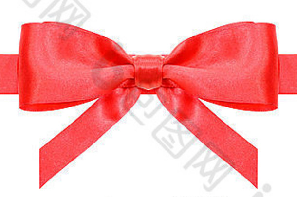 狭窄的红色的缎丝带对称的弓垂<strong>直减</strong>少结束孤立的白色背景