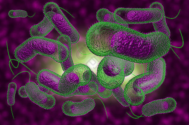 显微镜下霍乱细菌感染的特写3D插图