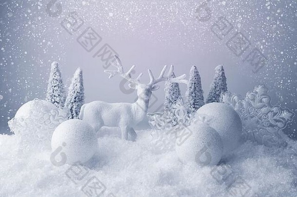 圣诞节白色球树鹿雪花摘要背景