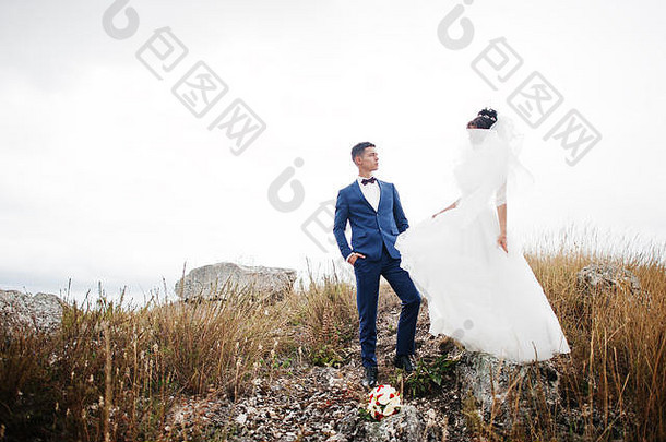 这对美妙的新婚夫妇手牵手走在高高的草地上，背景是松树和岩石。