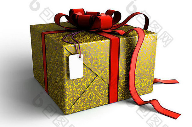 带有红色丝带金色包装和标签的礼品<strong>盒</strong>