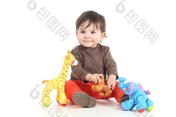 婴儿玩色彩斑斓的动物玩具白色孤立的背景