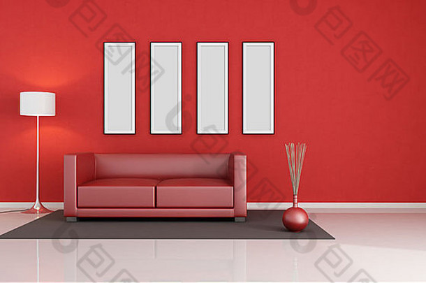 红色的现代生活房间空图片框架呈现