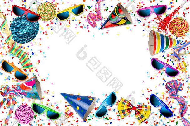 色彩斑斓的聚会，派对狂欢节生日庆祝活动背景色彩斑斓的彩带糖果棒棒糖流行太阳镜五彩纸屑他棒棒糖流行孤立的白色