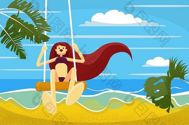 美丽的手绘长发平装女孩正在海边享受夏日