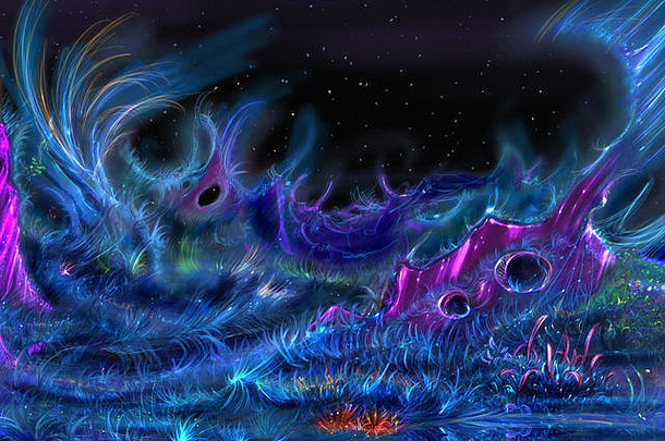 梦一般的幻想绘画色彩斑斓的外星人景观