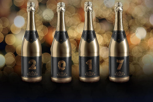 在模糊的背景下形成2017年新年日期的一排四瓶香槟酒