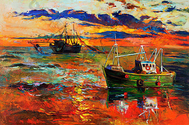 帆布上的渔船和大海的原始油画。海上的日落。现代印象派