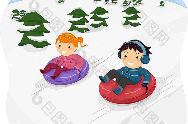儿童乘坐雪地管的插图