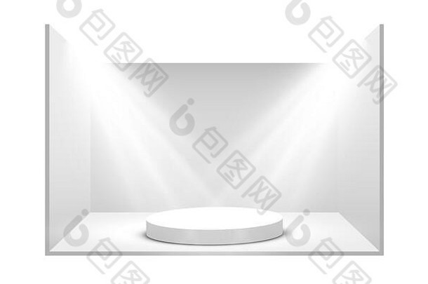 圆形讲台、基座或平台由白色背景上的聚光灯照明。设计平台。真的3D空讲台。风景优美的舞台