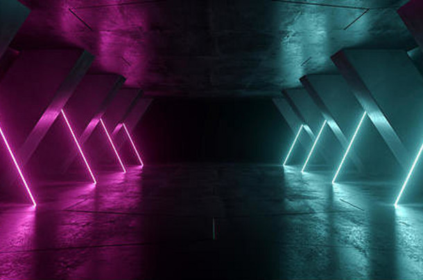 霓虹灯发光的未来主义的sci黑暗灯紫色的蓝色的未来主义的三角形列混凝土难看的东西空宇宙飞船隧道房间虚拟网络激光bea